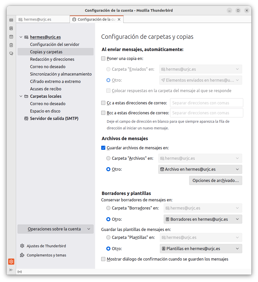 Configuración de copias y carpetas